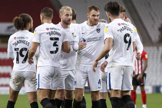 Pompey celebrate John Marquis' second goal at Sunderland. Picture: Daniel Chesterton/phcimages.com