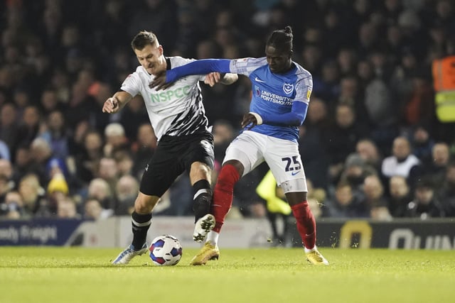 Jay Mingi battles with Derby County forward James Collins