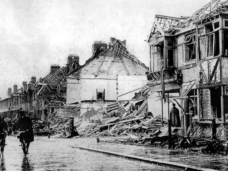 Here we see the result of a V1 landing in Milton at the junction of Locksway Road and Meryl Road. The postbox remains in situ to this day.