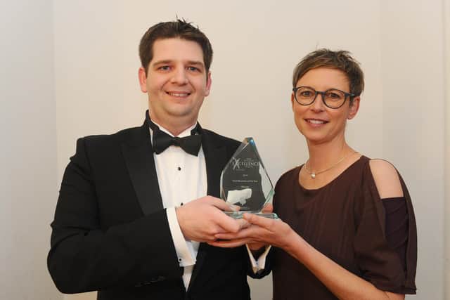 The News, Portsmouth Business Excellence Awards took place on Friday, February 1, at Portsmouth Guildhall.Pictured is: Winner of the Small Business of the Year Award Stewart Woolston from Chilli Mash Company in Hilsea with category sponsor Prof Martina Battisti from the University of Portsmouth Business School.Picture: Sarah Standing (010219-8117)