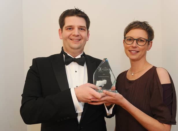 The News, Portsmouth Business Excellence Awards took place on Friday, February 1, at Portsmouth Guildhall.Pictured is: Winner of the Small Business of the Year Award Stewart Woolston from Chilli Mash Company in Hilsea with category sponsor Prof Martina Battisti from the University of Portsmouth Business School.Picture: Sarah Standing (010219-8117)