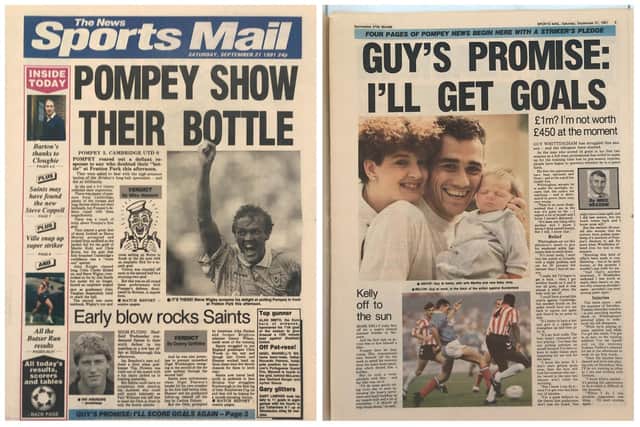 Flashback to September 1991 and the Sports Mail covering Pompey's 3-0 home win over Cambridge. Right - Guy Whittingham's pledge was spot on!