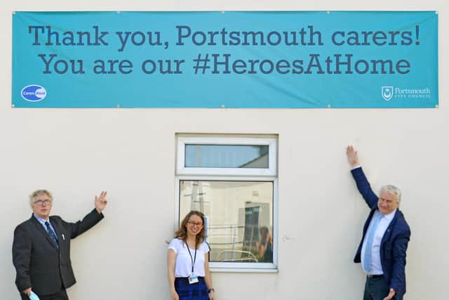 Portsmouth City Council says thank you to carers during Carers WeekPictured is: Cllr Gerald Vernon-Jackson (The Leader of Portsmouth City Council), Cllr Jason Fazackarley (Cabinet Member for Health, Wellbeing & Social Care) and Clare Rachwal (Team Manager of the Carers Centre)