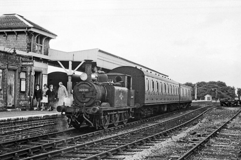 The Hayling Billy has arrived at South Hayling in 1963.