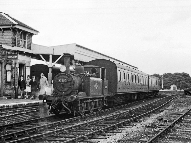 The Hayling Billy has arrived at South Hayling in 1963.