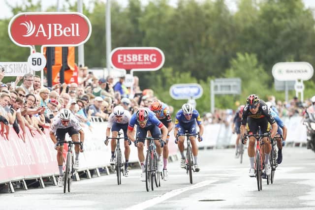Picture by SWpix.com - 10/09/2021 - Cycling - AJ Bell Tour of Britain Stage 6 - Carlisle to Gateshead, England - Jumbo Visma's Wout van Aert (r) outsprints Deceuninck Quick-Step's Julian Alaphilippe (l) & INEOS Grenadiers' Ethan Hayter (c) for the win at Tour 6 of the Tour of Britain. - Best of 2021