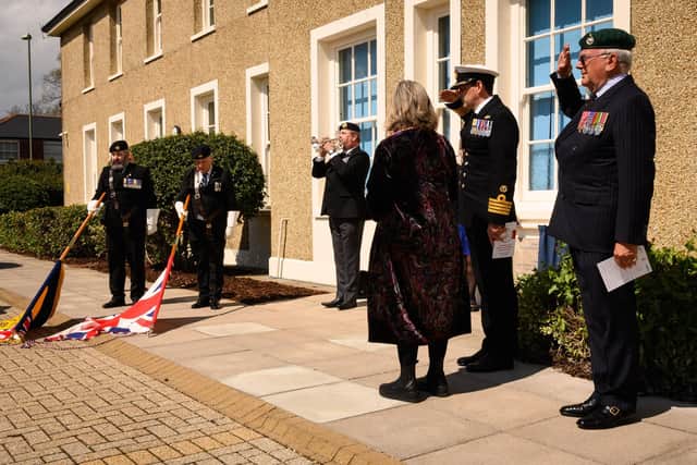 Pictured is: The Standards and bugle remember the Royal Marines who died during the First World War
Picture: Keith Woodland (230421-51)