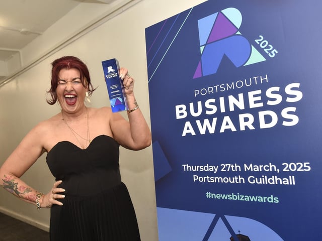 Lulu Whitmore celebrates winning the Outstanding Contribution to Business award. Picture: Sarah Standing (270325-1378)