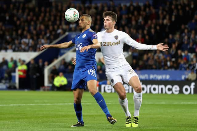 Conor Shaughnessy in Leeds action against Leicester's Islam Slimani during a Carabao Cup match in October 2017. Picture: Matthew Lewis/Getty Images