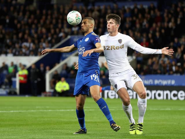 Conor Shaughnessy in Leeds action against Leicester's Islam Slimani during a Carabao Cup match in October 2017. Picture: Matthew Lewis/Getty Images