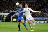 Conor Shaughnessy in Leeds action against Leicester's Islam Slimani during a Carabao Cup match in October 2017. Picture: Matthew Lewis/Getty Images