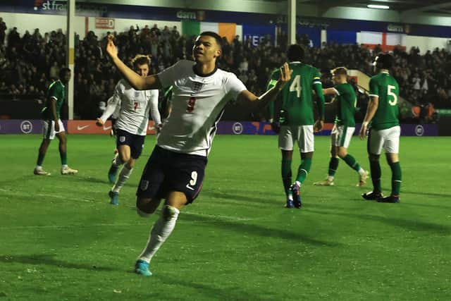 Pompey loanee Dane Scarlett celebrates after netting against Republic of Ireland under-19s in March. Picture: David Rogers/Getty Images