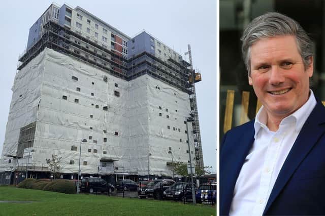 Harbour Tower in Gosport having its cladding removed, and Sir Keir Starmer