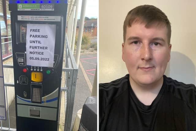 Daniel Wearn overturned a £50 parking notice from Total Parking Solutions at St Mary's Health Campus, Milton Road, on September 5. Also pictured is the sign on the machine