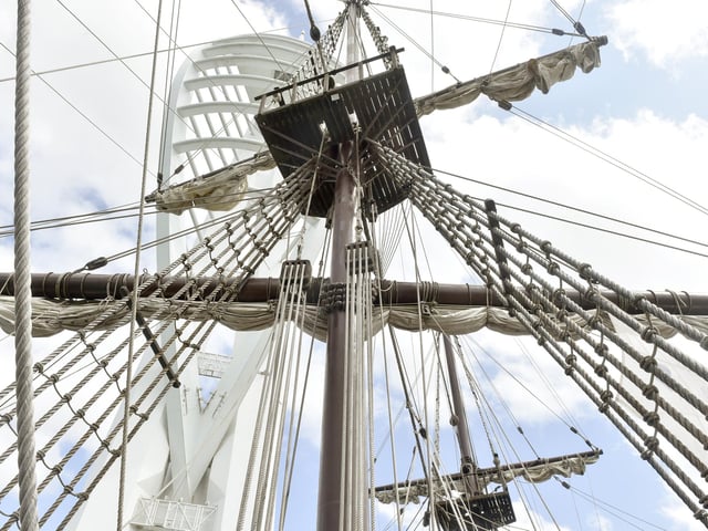 The sails of the replica Spanish war ship which has docked under the Spinnaker Tower. Picture: Sarah Standing (010825-7873)