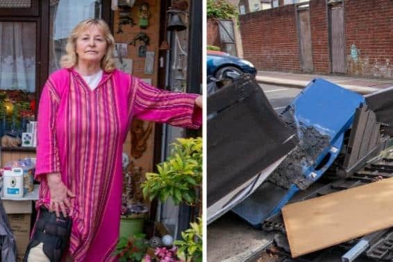 Susan Hunt, and the flytipping near her home. Pictures: Habibur Rahman