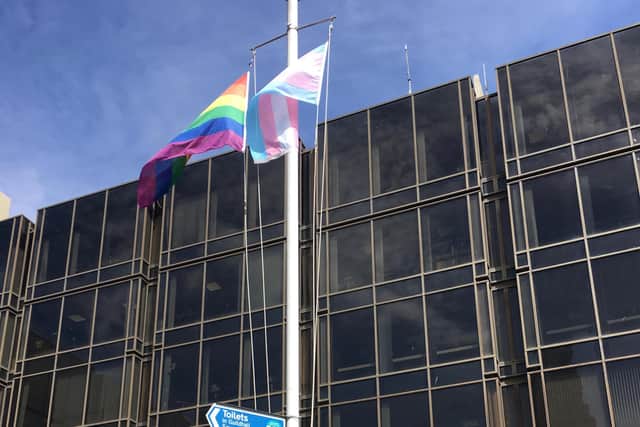 Pride and trans flags flying in Guildhall Square, Portsmouth 

June 2019