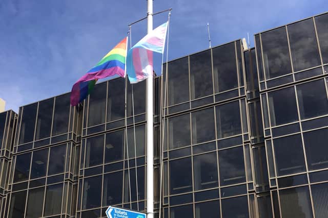 Pride and trans flags flying in Guildhall Square, Portsmouth June 2019