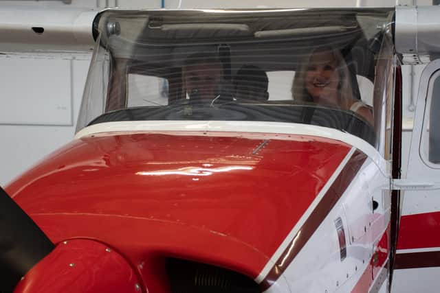 The students in the plane with Caroline Dineage are: (in the front of the plane next to Caroline) Kaya Lakey, Level 2 Diploma in Aerospace and Aviation Engineering student; (student sat directly behind Caroline in the aircraft) Cameron McWilliams, Level 3 Extended Diploma in Aeronautical Engineering student and (sat in the back of the aircraft behind Kaya) Noah Roszaman, Level 3 Extended Diploma in Aeronautical Engineering student.