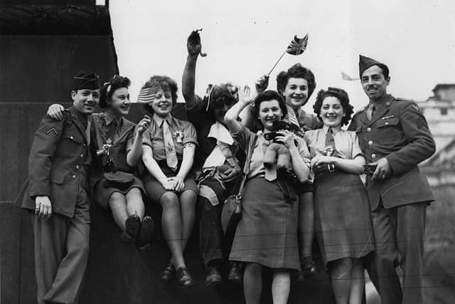 A group of ATS and American soldiers celebrate VE Day in Trafalgar Square (Photo: Keystone/Getty Images)