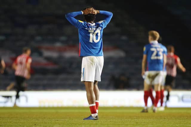Ellis Harrison can't believe it as Sunderland take the lead against Pompey in March 2021. It could prove to be his final Blues match. Picture: Joe Pepler