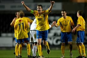 Jamie Collins celebrates Hawks' 1-1 FA Cup third round draw at Swansea in January 2008. Photo by Richard Heathcote/Getty Images.