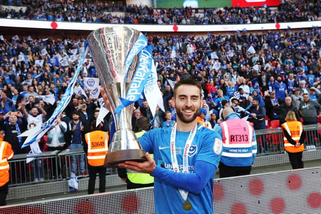 Ben Close celebrates the Checkatrade Trophy win in 2019.