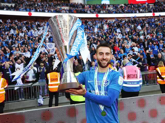 Ben Close celebrates the Checkatrade Trophy win in 2019.