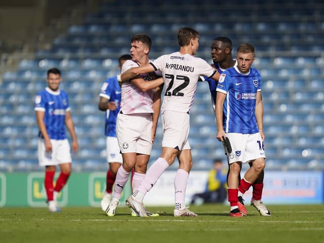 Joe Morrell leaves the field in the 85th minute against Peterborough following the fourth red card of his Pompey career. Picture: Jason Brown/ProSportsImages
