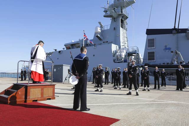 Crew of HMS Trent at the ceremony today at Portsmouth Naval Base. Picture: Royal Navy