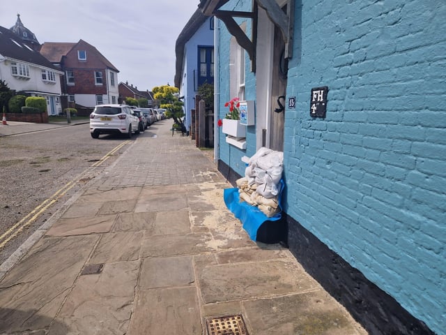 Sandbags outside a house in Langstone High Street.