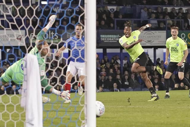 Ivan Toney fires Peterborough to victory over Pompey at Fratton Park at the end of the 2018-19 season.  Picture: Barry Zee