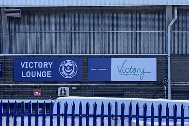 Defunct council-owned company Victory Energy sponsored Portsmouth Football Club in March 2018 in a three-year deal. A sign shown the now-closed public firm at Victory Lounge, Fratton Park, in Portsmouth.