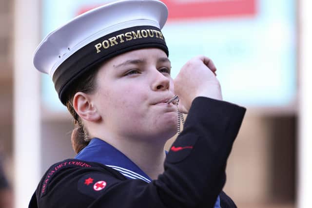 Able Cadet Isabel Allison, 15, blows her bosun's whistle. Raising of the Armed Forces Day flag and the Union flag on Armed Forces Day, Civic Offices, Guildhall Square, Portsmouth
Picture: Chris Moorhouse (jpns 250621-05)
