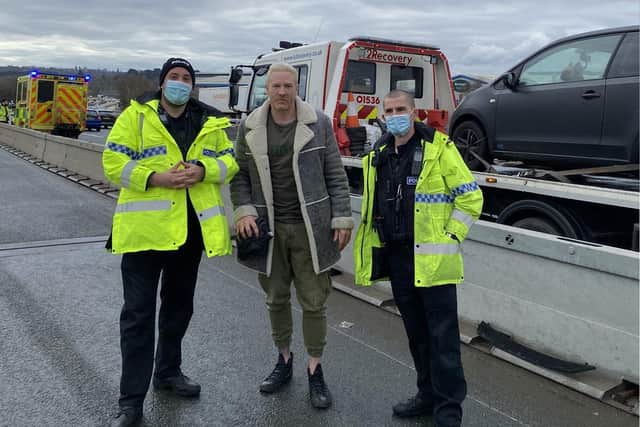 Former Olympic athlete Iwan Thomas has told of his lucky escape after his stationary car was hit by another motorist doing 50mph on the M27. Picture: @HantsSpecials