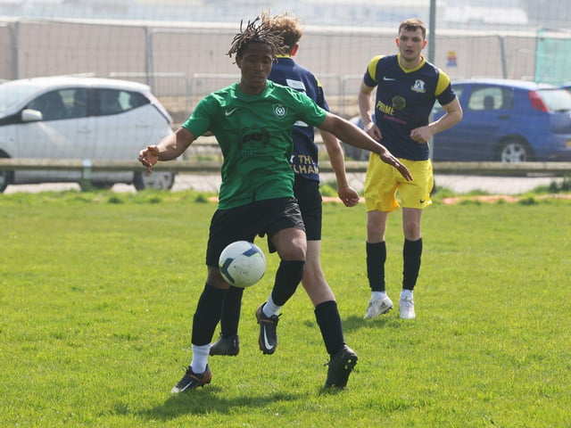 Action from the Challenge Cup clash between Pelham Arms (blue/yellow kit) and FFTP (green and black kit). Picture: Sam Stephenson