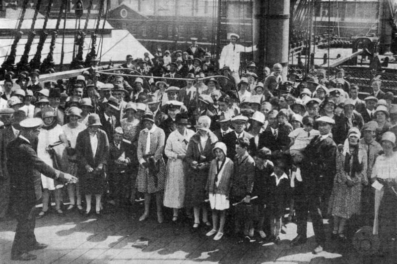 Some of the first visitors to tour HMS Victory in July 17, 1928, after she was brought back to the condition she was in at Trafalgar.