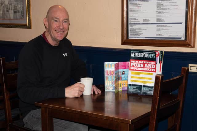 Steve Jones who has visiited 460 Wetherspoons so far and plans to do them all in his retirement enjoys a cup of coffee at his local Wetherspoons The Parchment Makers in Havant.
Picture by Emma Terracciano