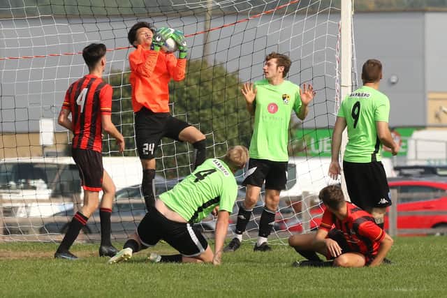 The Fratton Trades Reserves keeper collects the ball against Shepherds Crook. Picture by Kevin Shipp