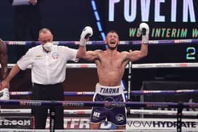 Mikey McKinson, right, is ecstatic after being crowned WBO Global welterweight champion in Gibraltar last month. Picture: Mark Robinson Matchroom Boxing