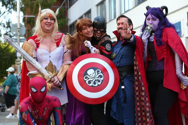 From left, Spider-Man, She_Ra, Princess Anna, Captain Hydra Dr Strange and Aruna. Fundraiser at Geek Retreat, Arundel St, Portsmouth, in aid of Mental Health Foundation. Picture: Chris Moorhouse  (jpns 180921-35)