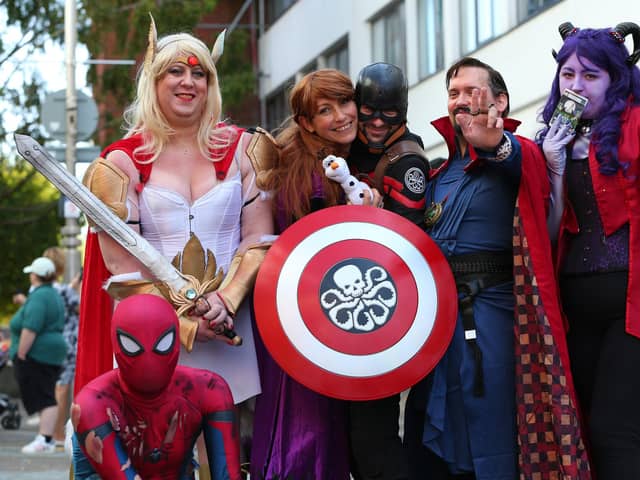 From left, Spider-Man, She_Ra, Princess Anna, Captain Hydra Dr Strange and Aruna. Fundraiser at Geek Retreat, Arundel St, Portsmouth, in aid of Mental Health Foundation. Picture: Chris Moorhouse  (jpns 180921-35)