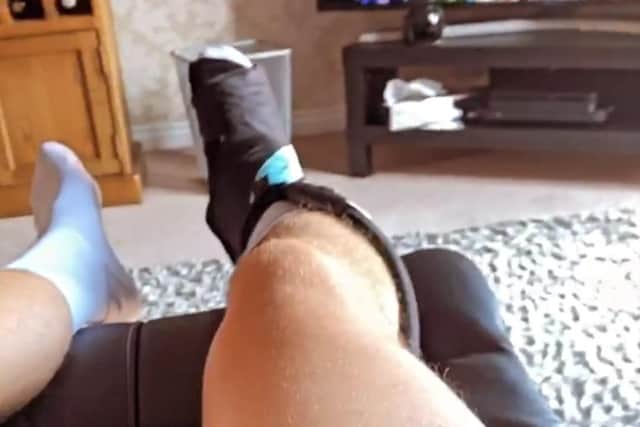 Ronan Curtis' right ankle in a protective boot. Picture: Ronan Curtis/ Instagram