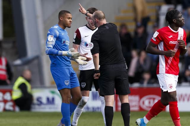 Gavin Bazunu can't believe Morecambe's late goal is allowed to stand. (Photo by Daniel Chesterton/phcimages.com)