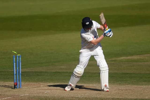 Yorkshire's Harry Brook is bowled by Keith Barker. Photo by Mike Hewitt/Getty Images