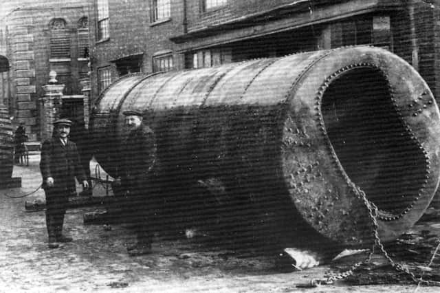 A huge boiler being pulled through the gates of Long's Brewery in Hambrook Street, Southsea. Boiler explosions were a regular occurrence in earlier times and Long's suffered a heavy boiler blow-out in March 1870 which killed two brewery workers and a dray horse.