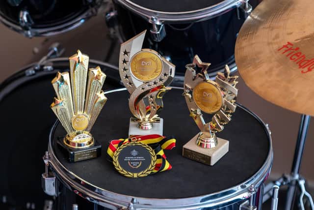Some of Mia Mallari's drumming trophies. Picture: Mike Cooter (060822)