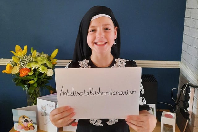 Liana Hiles' daughter as the word antidisestablishmentarianism - the opposition to the disestablishment of the Church of England