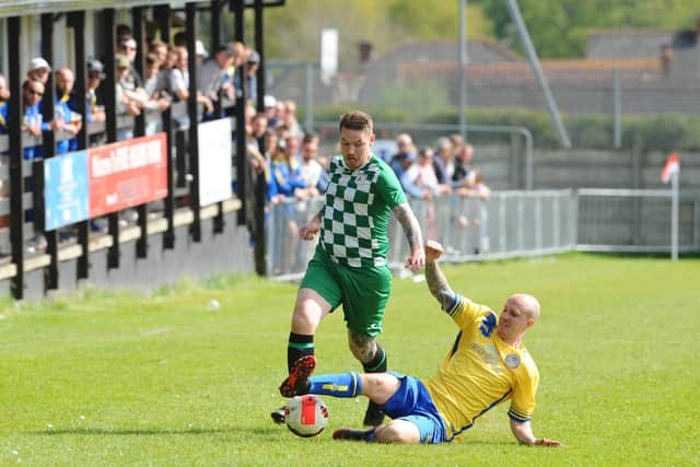 Meon Milton's Sam Sargeant, right, goes in for a tackle.
Picture: Sarah Standing