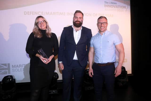 Subsea Craft (L-R) Sarah Thomson and Joe Marsh from Subsea Craft with sponsor Stuart Baker from Maritime UK Solent.
Picture: Sam Stephenson